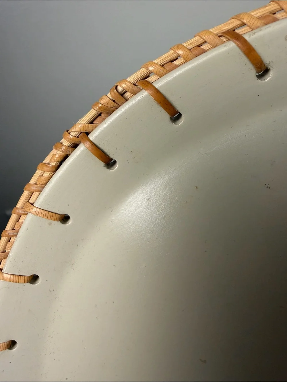 Vintage Rattan Wicker & Cream Metal Round Serving Tray